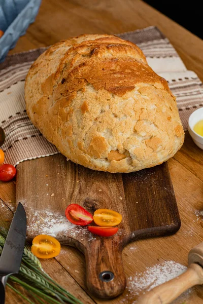 Boulangerie Rustique Pains Croûtés Pain Nature Morte Capturée Haut Vue — Photo