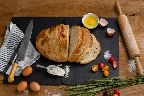 Bakery Gold Rustic Crusty Loaves Bread Still Life Captured Top — Stock Photo, Image