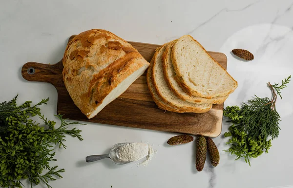 Sliced Bread Mincer Set Marble Table Green Plants — Stock Photo, Image