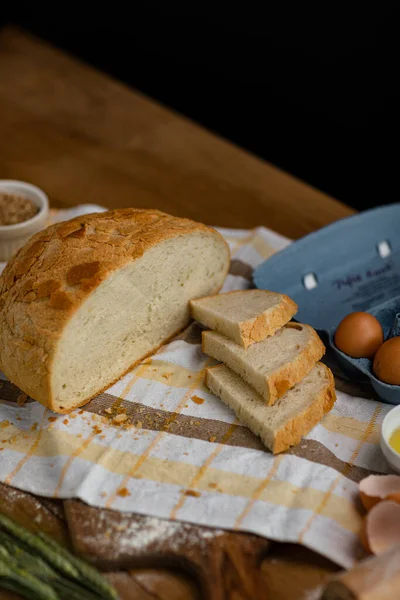 Fresh Bread Placed Towel Together Tomatoes Eggs Bakery Gold Rustic — Stock Photo, Image