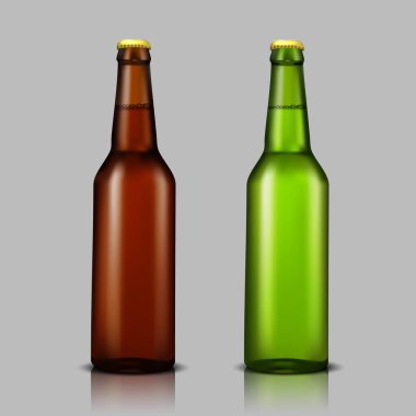 Beyaz arka planda izole edilmiş renkli cam şişeler. Tasarımınız için 3D görüntüleme modeli. Gerçekçi bira şişesi. Alkol markası şablonu.
