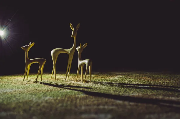 Plastik geyik gece bir ışık demeti altında halıda durur..