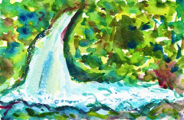 green waterfall summer rocks watercolor illustration