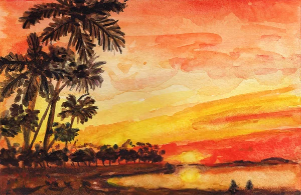 Oranje Zonsondergang Palmen Oceaan Aquarel Illustratie — Stockfoto