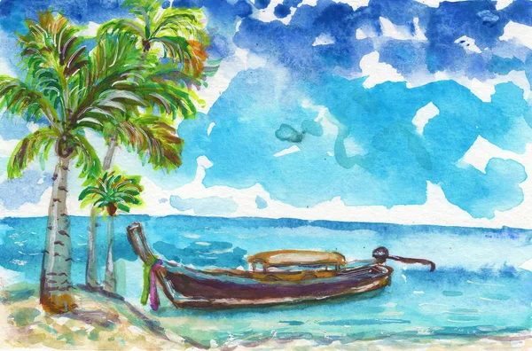 Palme Estive Spiaggia Oceano Paesaggio Barca Turchese Cielo Blu Acquerello — Foto Stock