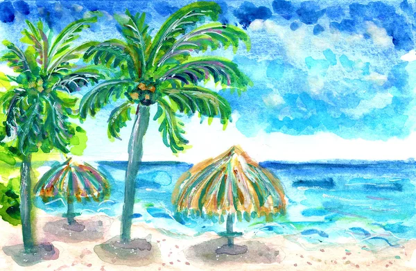 Letní Pláž Palm Deštníky Oceán Moře Tyrkysová Modrá Zelená Akvarel — Stock fotografie