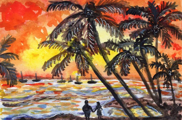 Zonsondergang Palmen Oceaan Zee Oranje Geel Zwart Vakantie Aquarel Illustratie — Stockfoto