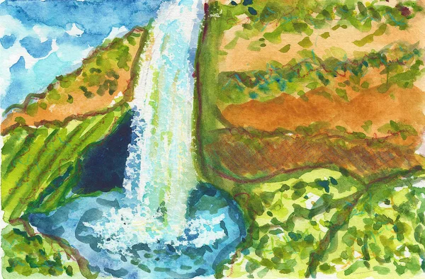 Cachoeira Verão Rochas Céu Azul Verde Marrom Aquarela Ilustração — Fotografia de Stock