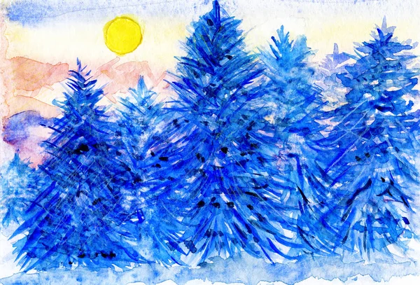 冬天森林雪蓝色树水彩画 — 图库照片