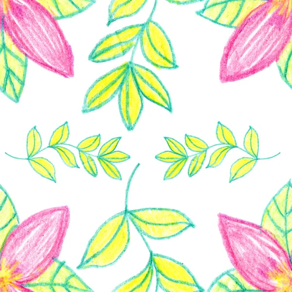 Flor Rosa Hojas Verde Amarillo Dibujo Patrón Floral Textura Papel —  Fotos de Stock