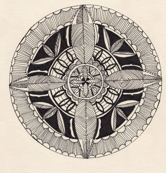 Schwarze Folk Mandala Muster Doodles Ornament Hell Skizze Zeichnung Tusche — Stockfoto