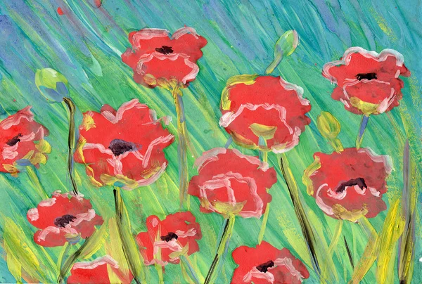 Hand drawn texture with poppies. Red flowers gouache and watercolor painting. Green background. Oil painting on canvas. Botanical sketch. Nature and ecology. For postcards and posters. For interior