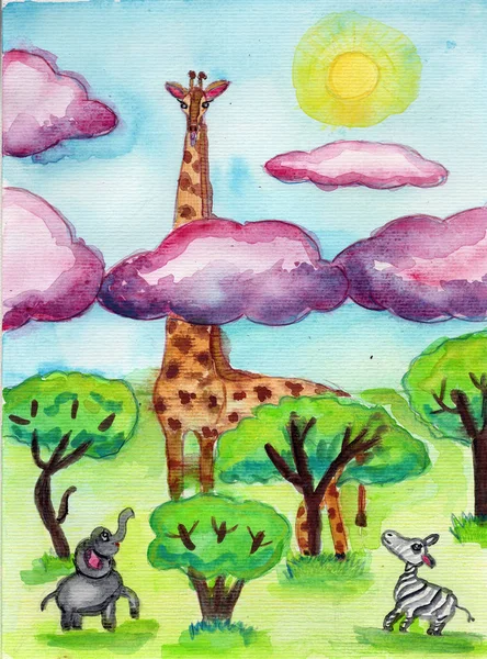watercolor illustration giraffe elephant zebra wild animals nature savanna tropical pink green blue background drawing