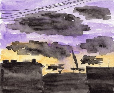 doku desen günbatımı akşam gökyüzü şehir görünümü evler siluet mor siyah turuncu sarı suluboya illüstrasyon