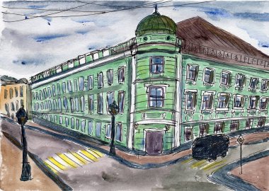 kentsel skeç suluboya illüstrasyon yeşil ev bina antik mimari seyahat cityscape sokak avrupa moskova gökyüzü mavi gri