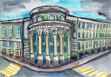 kentsel kroki suluboya illüstrasyon yeşil ev bina mimari kültür tarihi sütunlar şehir sokak şehir manzarası rusya moskova mavi gökyüzü