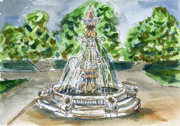 Watercolor Illustration Fountain Park Garden Architecture Decoration Ancient Green Trees — Stock Photo, Image