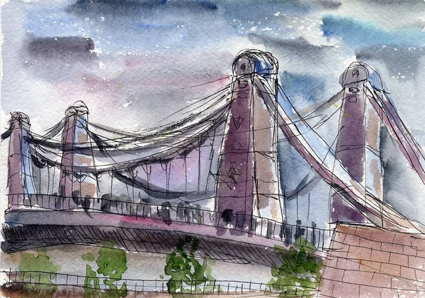 Sketch Watercolor Illustration Bridge River City Architecture Travel Gray Sky — Stock Photo, Image