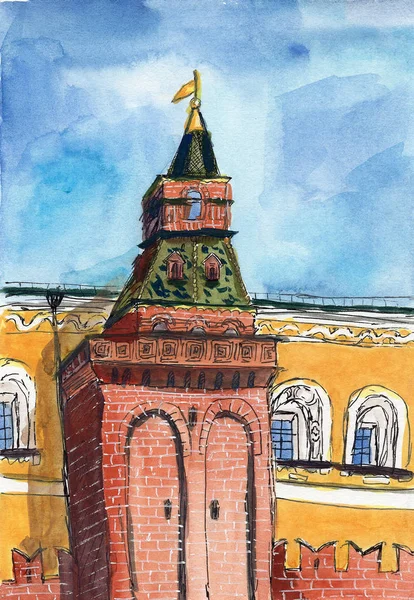 Urban Sketch Watercolor Illustration History Building Architecture Culture Kremlin Wall — Stock Photo, Image