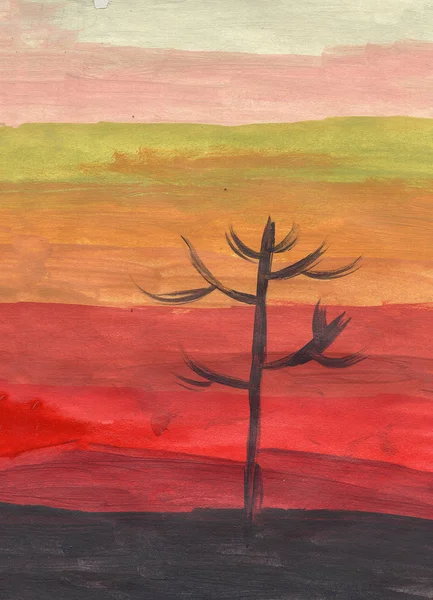 akrilik boya doku deseni kırmızı sarıturuncu siyah peyzaj ağacı