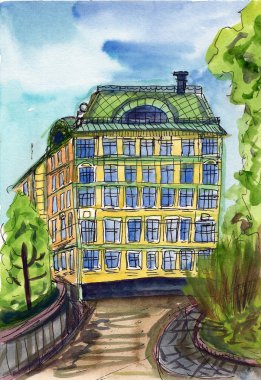 kentsel skeç suluboya illüstrasyon sarı ev bina mimari şehirscape tarihi bahçe parkı yeşil ağaçlar mavi gökyüzü