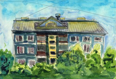 kentsel skeç suluboya illüstrasyon tarihi mimari ev bina kırsal bahçe yeşil ağaçlar mavi gökyüzü