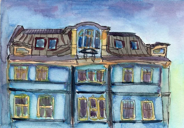 Urban Sketch Watercolor Illustration Building Exterior Old Facade Architecture Cityscape — Stock Photo, Image