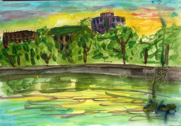urban sketch watercolor illustration landscape cityscape evening sunset sky blue yellow green trees