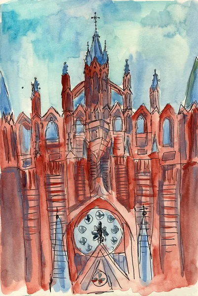 urban sketch watercolor illustration cityscape roman catholic church building religion sky blue architecture gothic moscow
