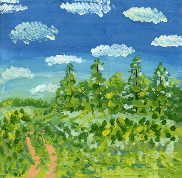 landscape gouache drawing sketch illustration abstract forest green trees blue sky white clouds road path texture