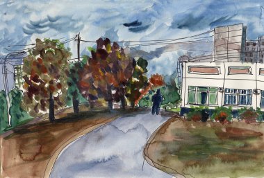 şehir çizimi suluboya illüstrasyon kasabası sonbahar evi bahçe yolu