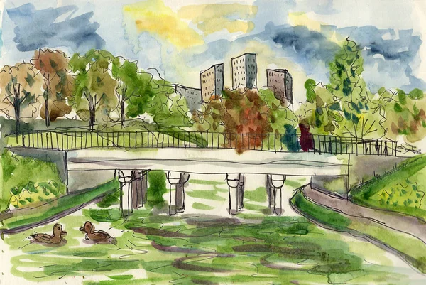 Városi Rajz Vázlat Akvarell Illusztráció Híd Park Kert Folyó Ősz — Stock Fotó