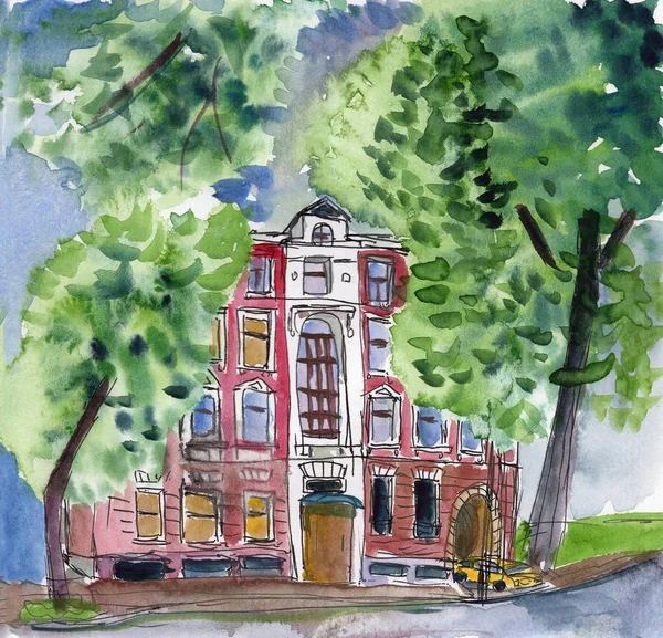 urban drawing sketch illustration town red house watercolor garden street historical building green trees blue sky evening