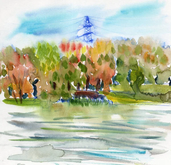 Kentsel çizimler suluboya çizimler sonbahar şehri bahçe parkı nehri güneşli bir gün