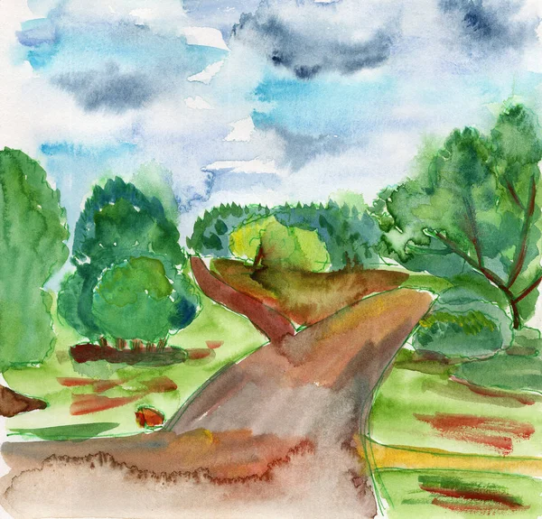 Dessin Croquis Aquarelle Illustration Été Forêt Parc Jardin Arbres Nature — Photo