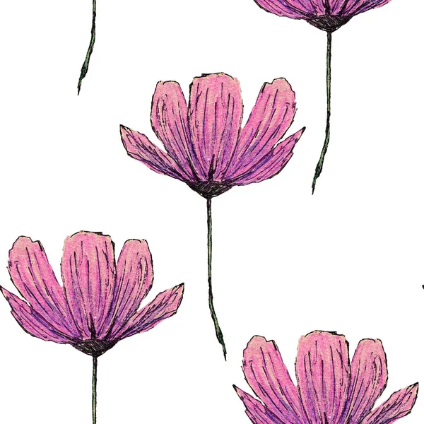 化粧品の花とシームレスなパターン 色鉛筆で手描き 植物のスケッチ ピンクと紫 黒い線だ 春と夏 はがき スクラップブッキング テキスタイルや包装紙のために — ストック写真