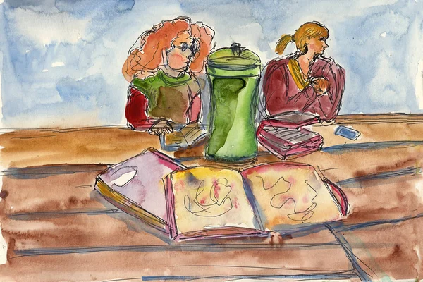 Aquarelle Dessin Croquis Illustration Jeunes Filles Femmes Assises Dans Bibliothèque — Photo