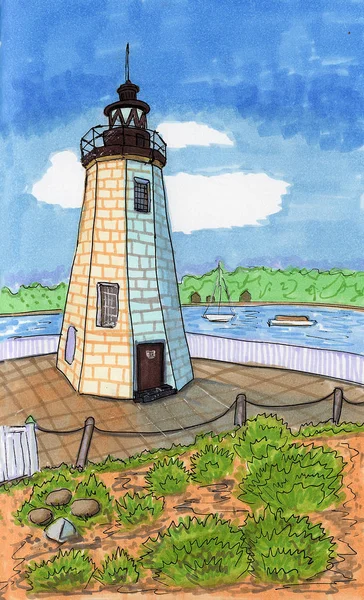Urban Watercolor Drawing Sketch Illustration Building Lighthouse Sea Yacht Blue — Stock Photo, Image