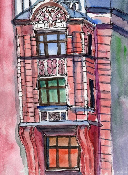 Hand drawn urban sketch. Ink and watercolor painting. Pink historical house. Facade of classical building. Old town. Europe architecture. Moscow, Russia. For post cards, posters. Cityscape, travel