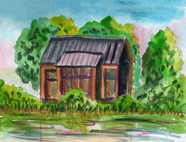 El çizimi suluboya şehir eskizi. Orman ya da park. Nehir kıyısında. Yaz ya da bahar. Yeşil ağaçlar, çalılar. Mavi ve pembe güneş gökyüzünde batıyor. Kahverengi ahşap ev. Doğa ve ekoloji. Kartpostallar ve posterler için.