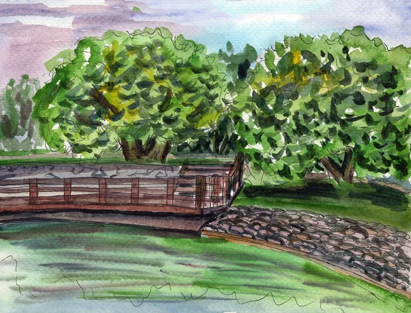 Hand Drawn Watercolor Landscape Sketch Forest Park Pond River Summer — Stock Photo, Image