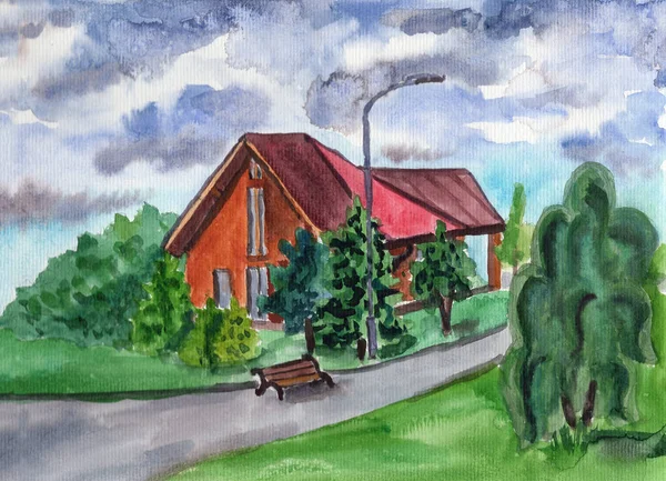 Kézzel Rajzolt Akvarell Vidéki Vázlat Barna Faház Faluban Vörös Tető — Stock Fotó