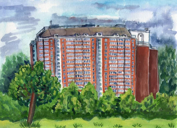 El çizimi şehir çizimi. Suluboya yaz şehir manzarası. Avrupa modern binası. Şehir ya da kasaba. Turuncu ev. Sokak ve açık hava. Gri ve mavi bulutlu gökyüzü. Park ya da bahçe. Kartpostallar ve posterler için.