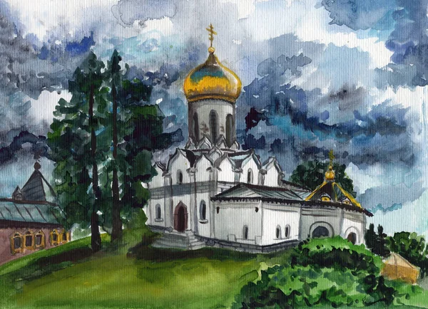El çizimi suluboya eskiz. Tarihi bir bina. Dini mimari. Zvenigorod 'daki Savvino-Storozhevsky manastırı. Rus Ortodoks Kilisesi. Kültür ve din. Yeşil ağaçlar. Mavi ve gri gökyüzü
