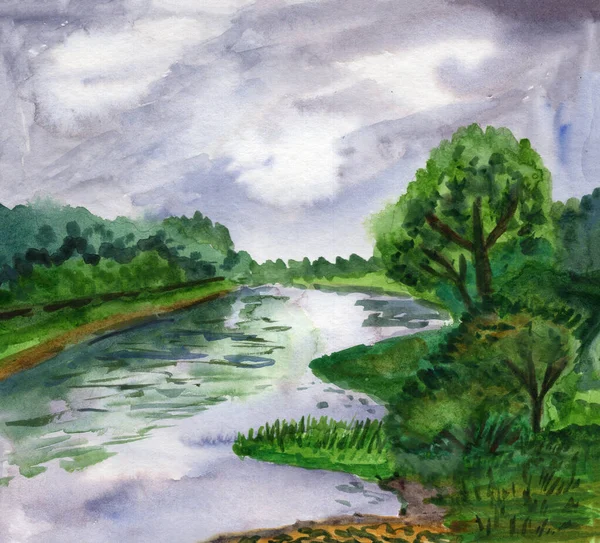 Hand drawn watercolor painting. River and forest. Street and outdoors. Summer landscape. Green trees. Gray rainy sky. Nature and ecology. Public park or garden. For postcards, wallpaper and posters