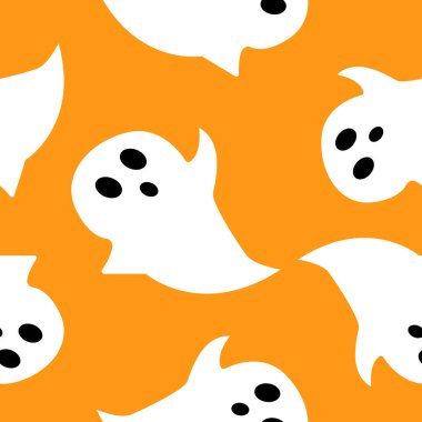 Turuncu arka planda beyaz hayaletler olan kusursuz bir desen. Basit bir çizgi film tarzı. Sevimli ve komik. Cadılar Bayramı süsü. Korkunç ve ürkütücü yaratıklar. Kartpostallar, duvar kağıtları, tekstil ve ambalaj kağıtları için.