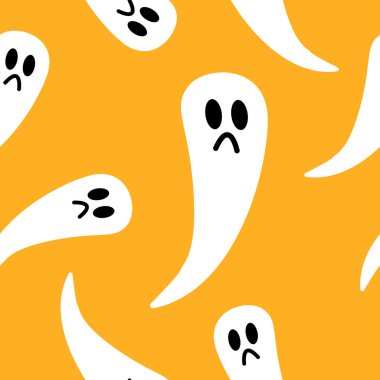 Turuncu arka planda beyaz hayaletler olan kusursuz bir desen. Basit bir çizgi film tarzı. Sevimli ve komik. Cadılar Bayramı süsü. Korkunç ve ürkütücü yaratıklar. Kartpostallar, duvar kağıtları, tekstil ve ambalaj kağıtları için.