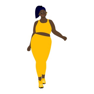 Siyah saçlı Afrikalı kız. At kuyruklu siyahi genç bir kadın. Beyazda izole edilmiş. Vücut pozitif sağlıklı yaşam tarzı. Spor ve eğlence için. Sarı spor kıyafetlerle yürüyorum. Siyahların hayatı önemlidir. Poster tasarımı