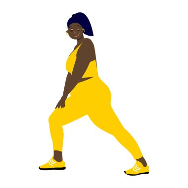 Afrikalı kadın. At kuyruklu siyahi genç bir kadın. 18-25 yaşları arasında. Beyazda izole edilmiş. Vücut pozitif. Dans ve eğlence için. Sarı spor giyim üzerine alıştırma yapıyorum. Poster, ağ veya arayüz için