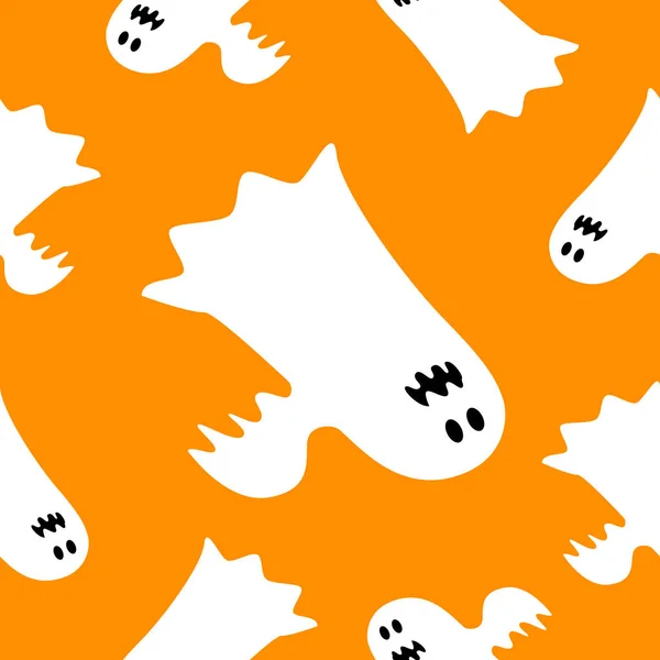 Nahtloses Muster Mit Weißen Geistern Auf Orangefarbenem Hintergrund Einfacher Cartoon — Stockvektor